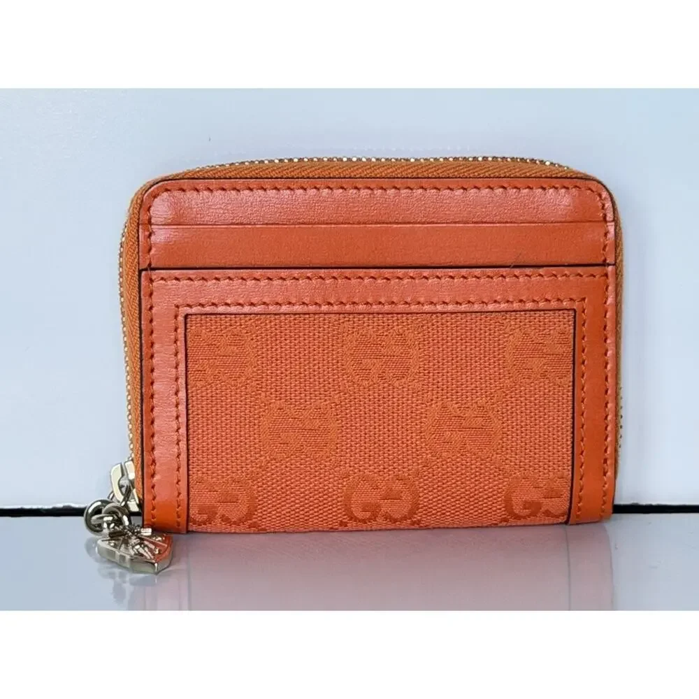 Gucci GG Print Bright Orange Zip Around Leather/Canvas Card Case Wallet IT NIB